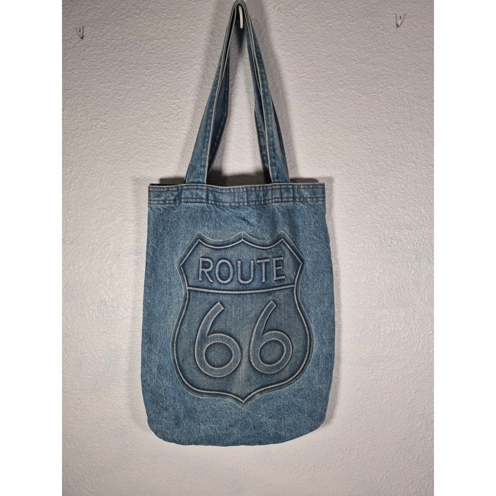 Tyca Route 66 Denim Tote Bag Blue Cotton Embossed Logo Made in USA Vintage Style